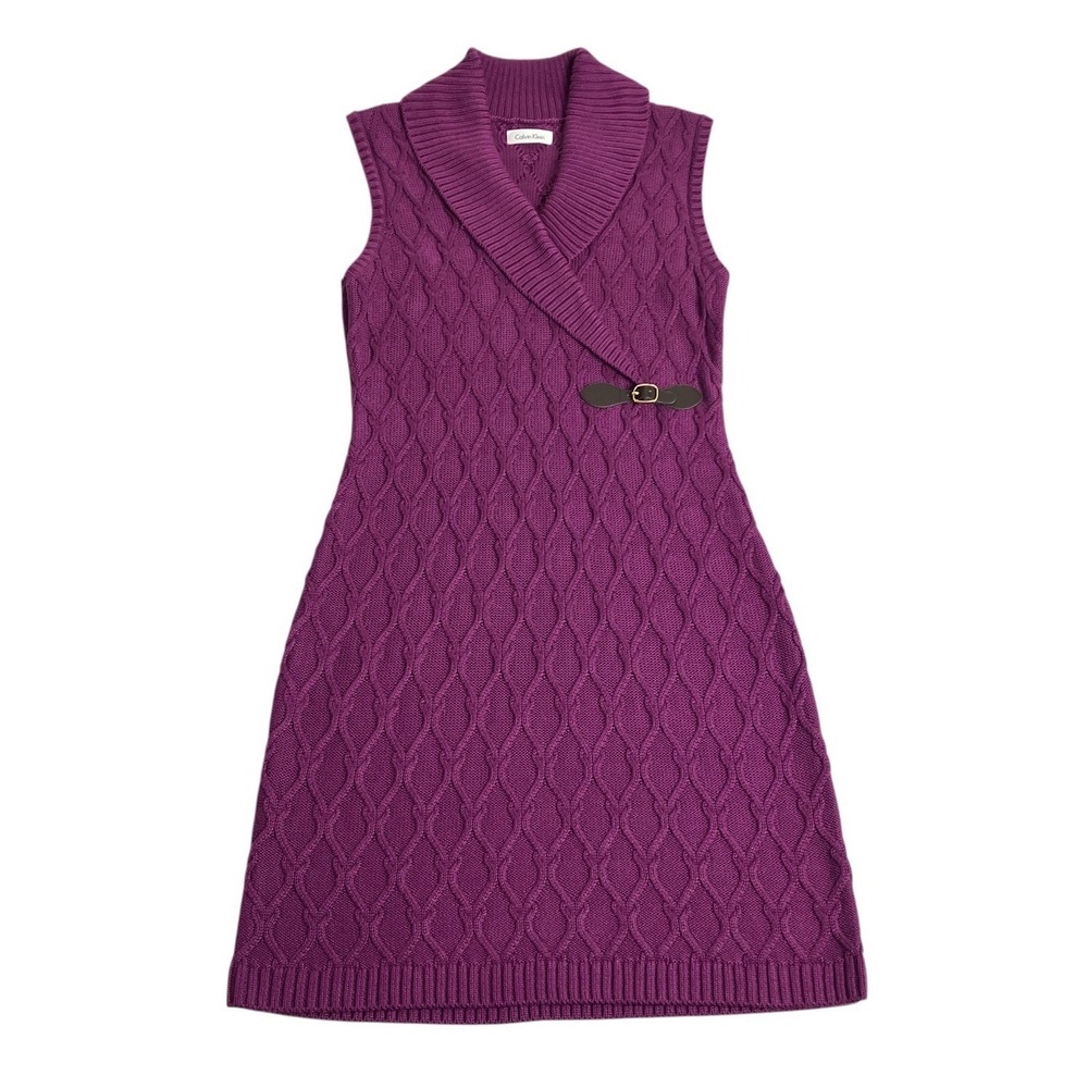 Calvin Klein‎ Sweater Dress Medium Purple Cable Knit Shawl Collar Preppy Holiday